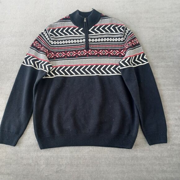 Chaps Fair Isle Sweater Mens L Black 1/4 Knit Zip Holiday Casual Stretch Mock - Picture 1 of 8